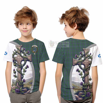 Arbuthnot Tartan Kid T-Shirt with Family Crest and St. Andrew's Cross Accented by Thistle Vines