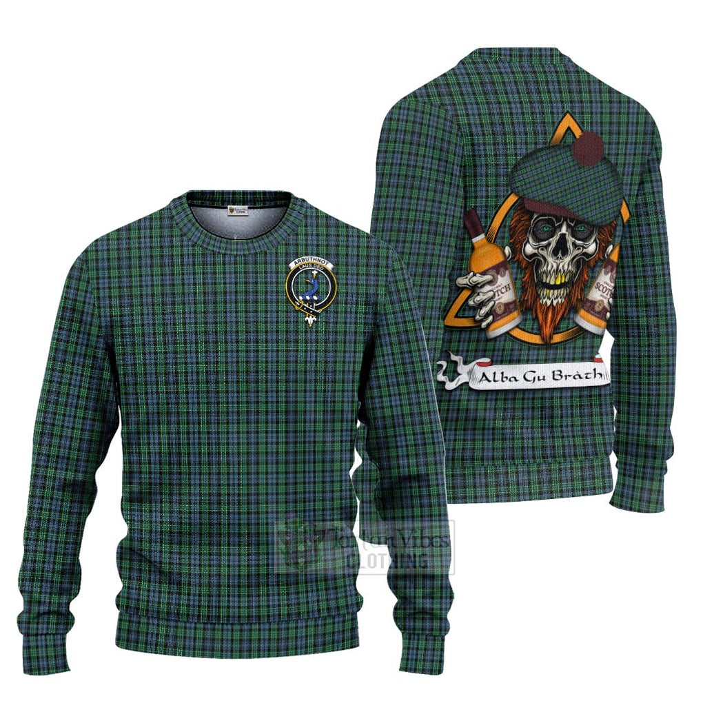 Tartan Vibes Clothing Arbuthnot Tartan Knitted Sweater with Family Crest and Bearded Skull Holding Bottles of Whiskey