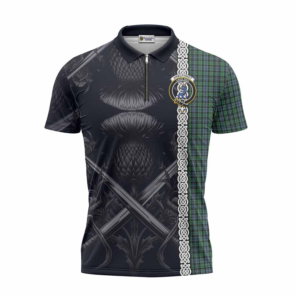 Tartan Vibes Clothing Arbuthnot Tartan Zipper Polo Shirt with Family Crest Cross Sword Thistle Celtic Vibes