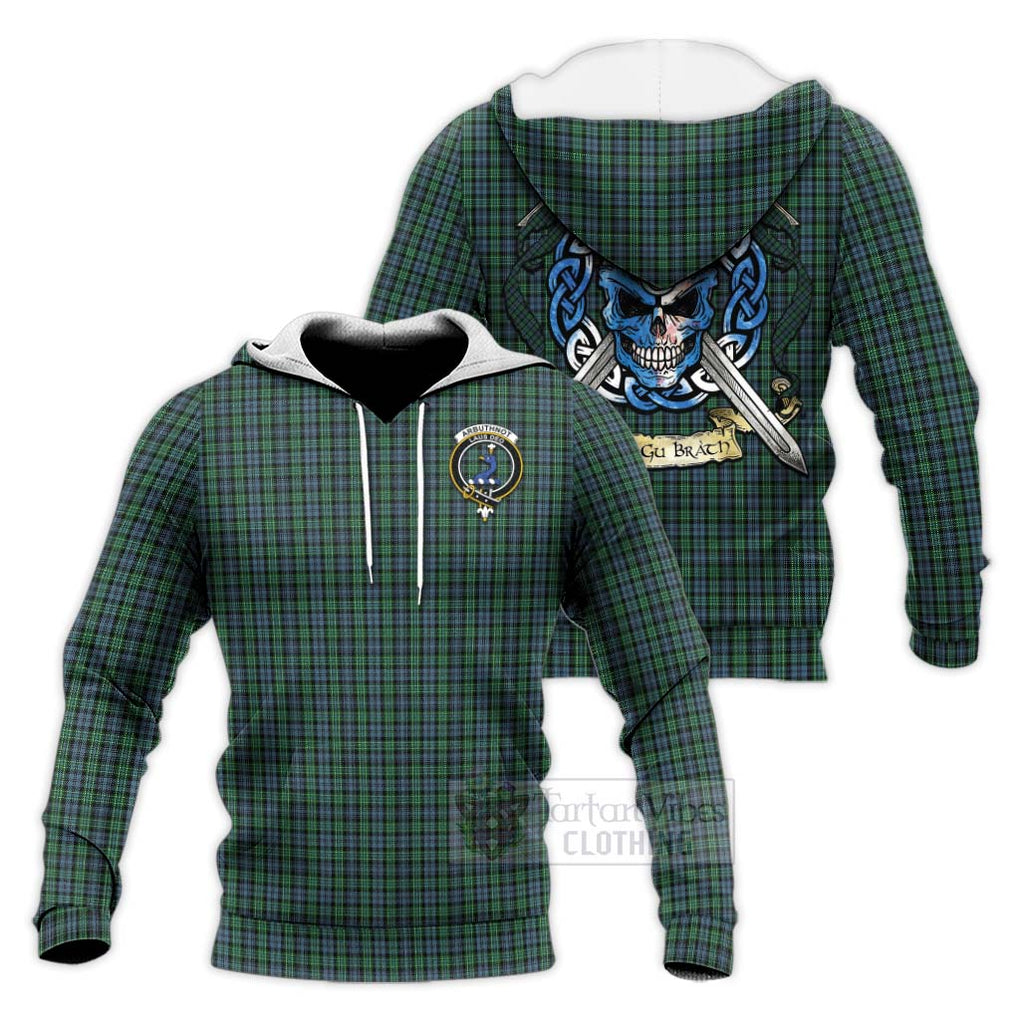 Tartan Vibes Clothing Arbuthnot Tartan Knitted Hoodie with Family Crest Celtic Skull Style