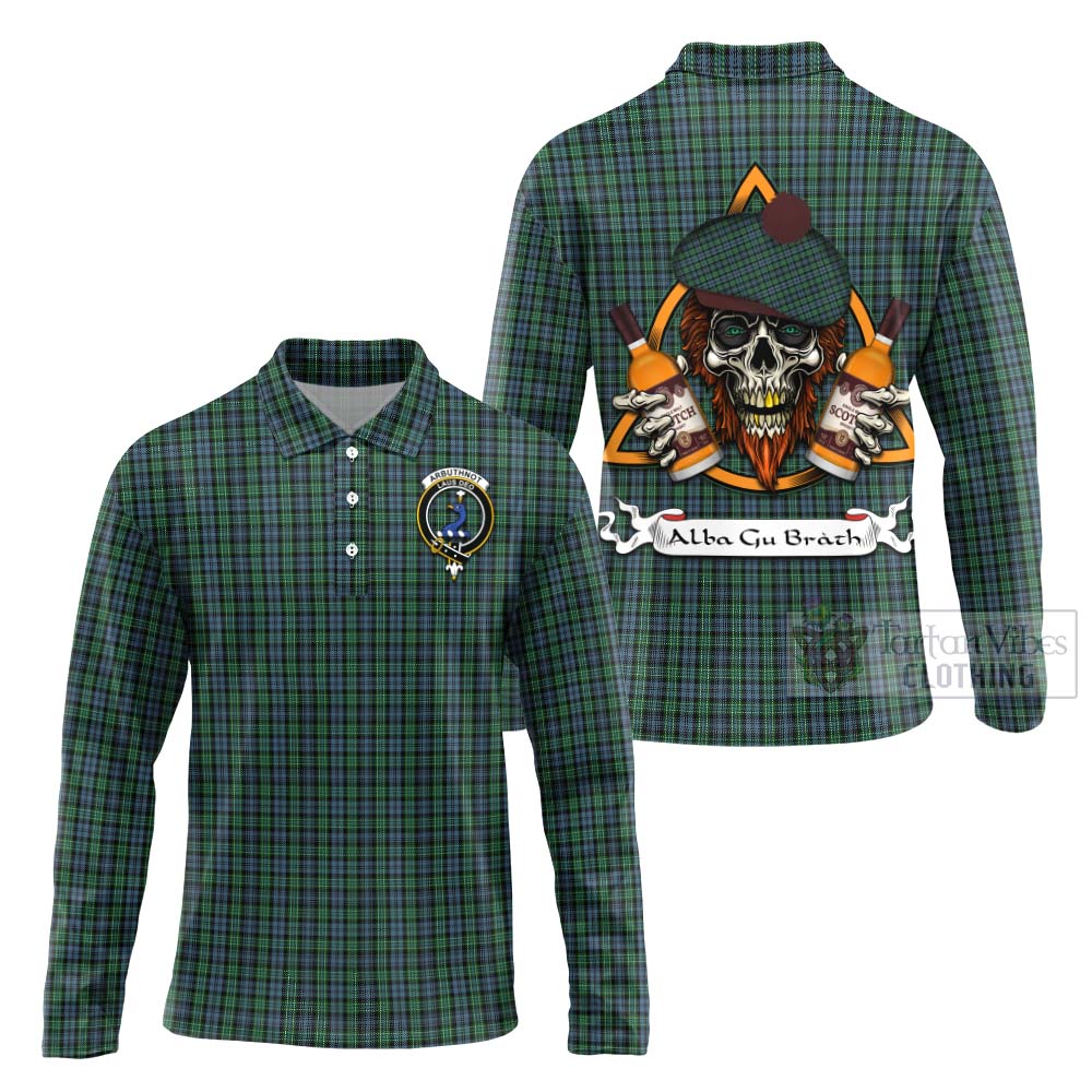 Tartan Vibes Clothing Arbuthnot Tartan Long Sleeve Polo Shirt with Family Crest and Bearded Skull Holding Bottles of Whiskey