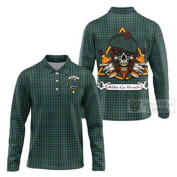 Arbuthnot Tartan Long Sleeve Polo Shirt with Family Crest and Bearded Skull Holding Bottles of Whiskey