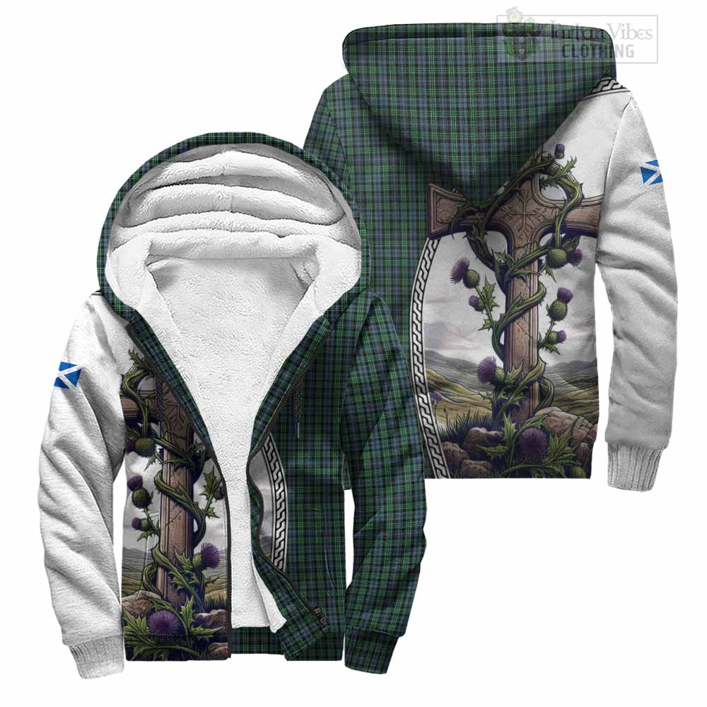 Tartan Vibes Clothing Arbuthnot Tartan Sherpa Hoodie with Family Crest and St. Andrew's Cross Accented by Thistle Vines