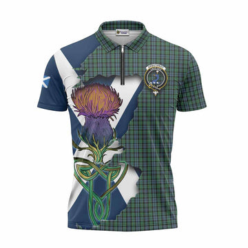 Arbuthnot Tartan Family Crest Zipper Polo Shirt Scottish Thistle Celtic Inspired Unisex - Tartan Vibes Clothing
