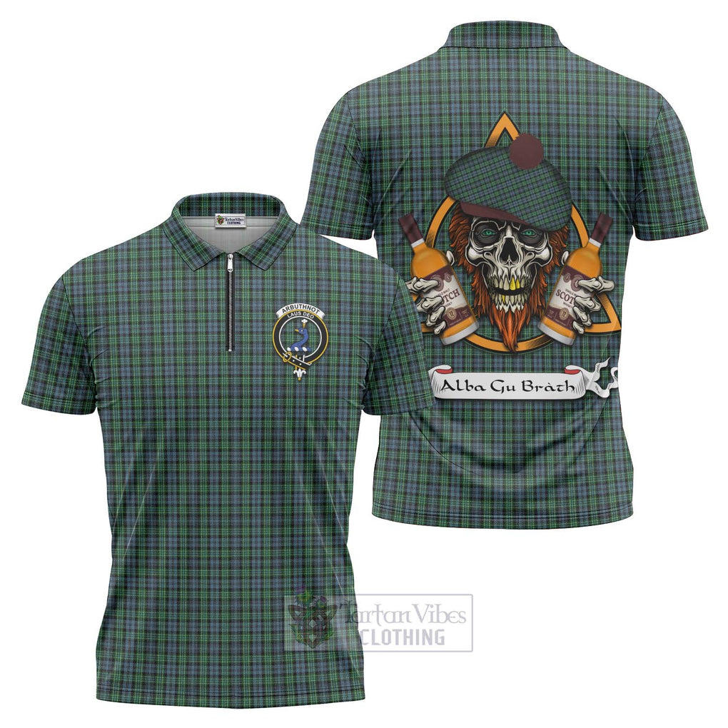 Tartan Vibes Clothing Arbuthnot Tartan Zipper Polo Shirt with Family Crest and Bearded Skull Holding Bottles of Whiskey