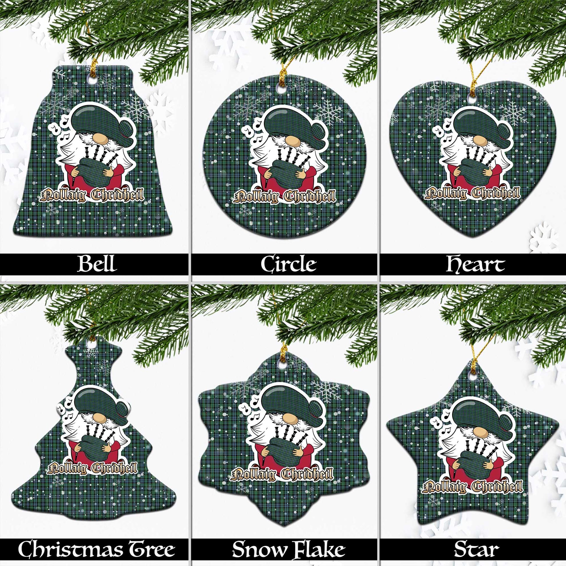 Arbuthnot Tartan Christmas Ornaments with Scottish Gnome Playing Bagpipes Ceramic - Tartanvibesclothing