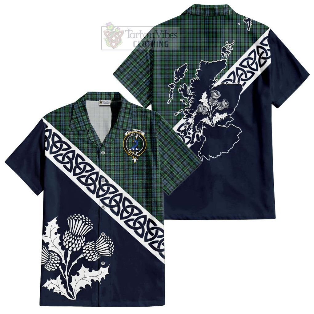 Tartan Vibes Clothing Arbuthnot Tartan Short Sleeve Button Shirt Featuring Thistle and Scotland Map