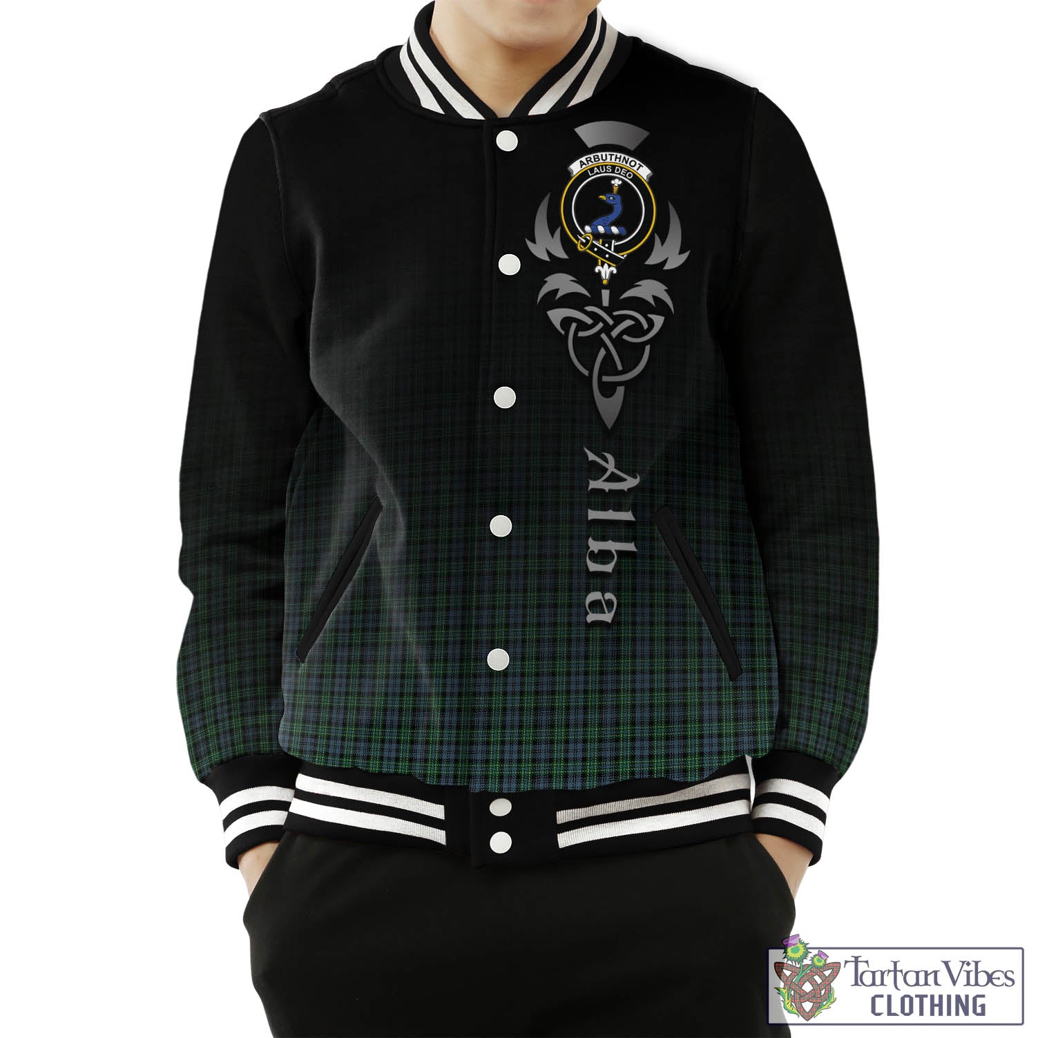 Tartan Vibes Clothing Arbuthnot Tartan Baseball Jacket Featuring Alba Gu Brath Family Crest Celtic Inspired