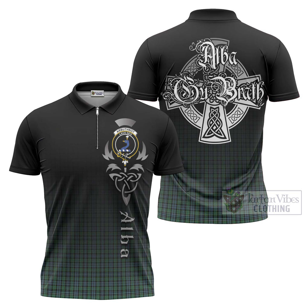 Tartan Vibes Clothing Arbuthnot Tartan Zipper Polo Shirt Featuring Alba Gu Brath Family Crest Celtic Inspired