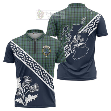 Arbuthnot Tartan Zipper Polo Shirt Featuring Thistle and Scotland Map