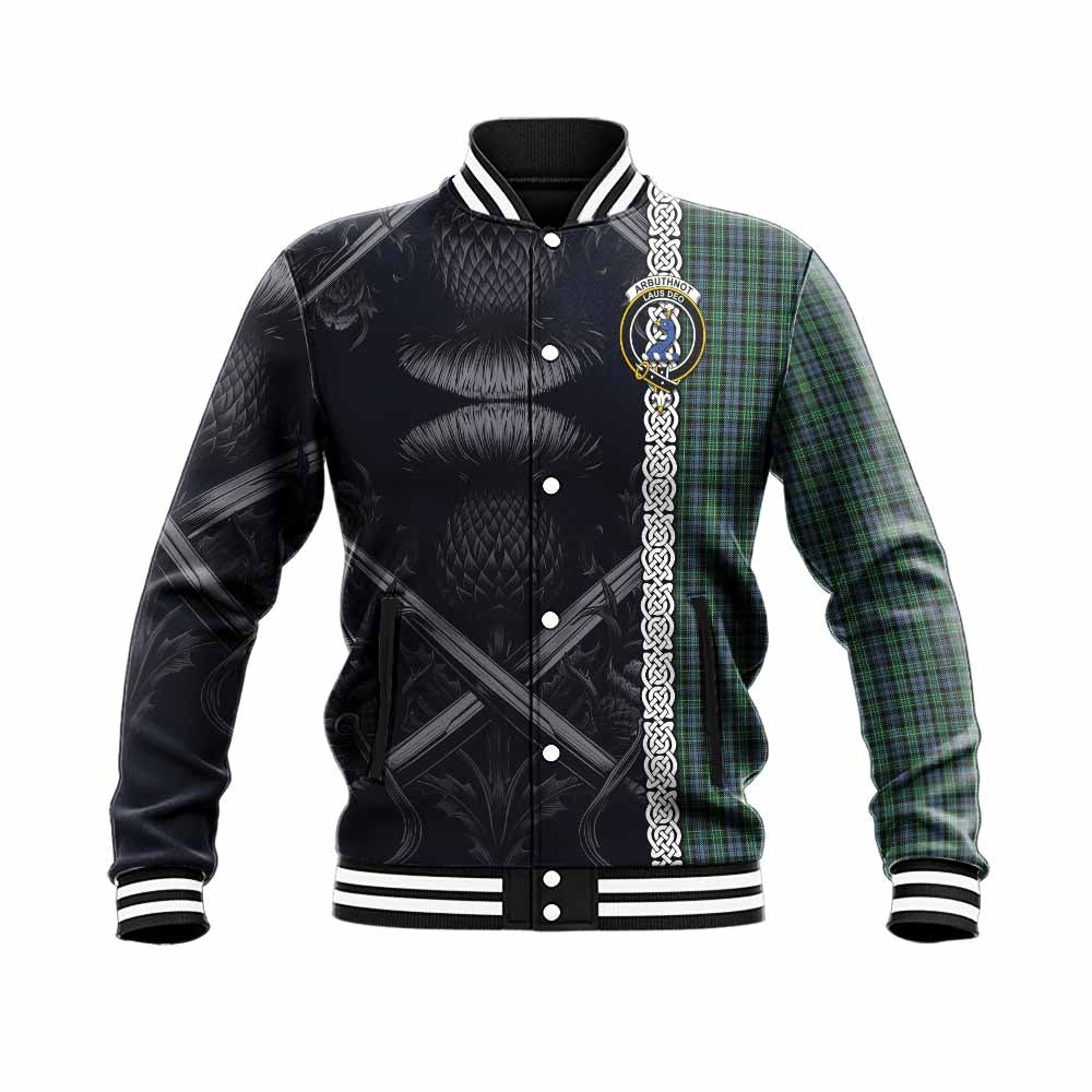 Arbuthnot Tartan Baseball Jacket with Family Crest Cross Sword Thistle Celtic Vibes Unisex - Tartan Vibes Clothing