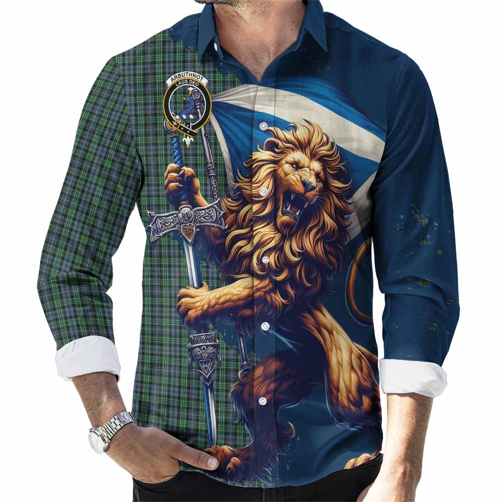 Tartan Vibes Clothing Arbuthnot Tartan Family Crest Long Sleeve Button Shirt with Scottish Majestic Lion