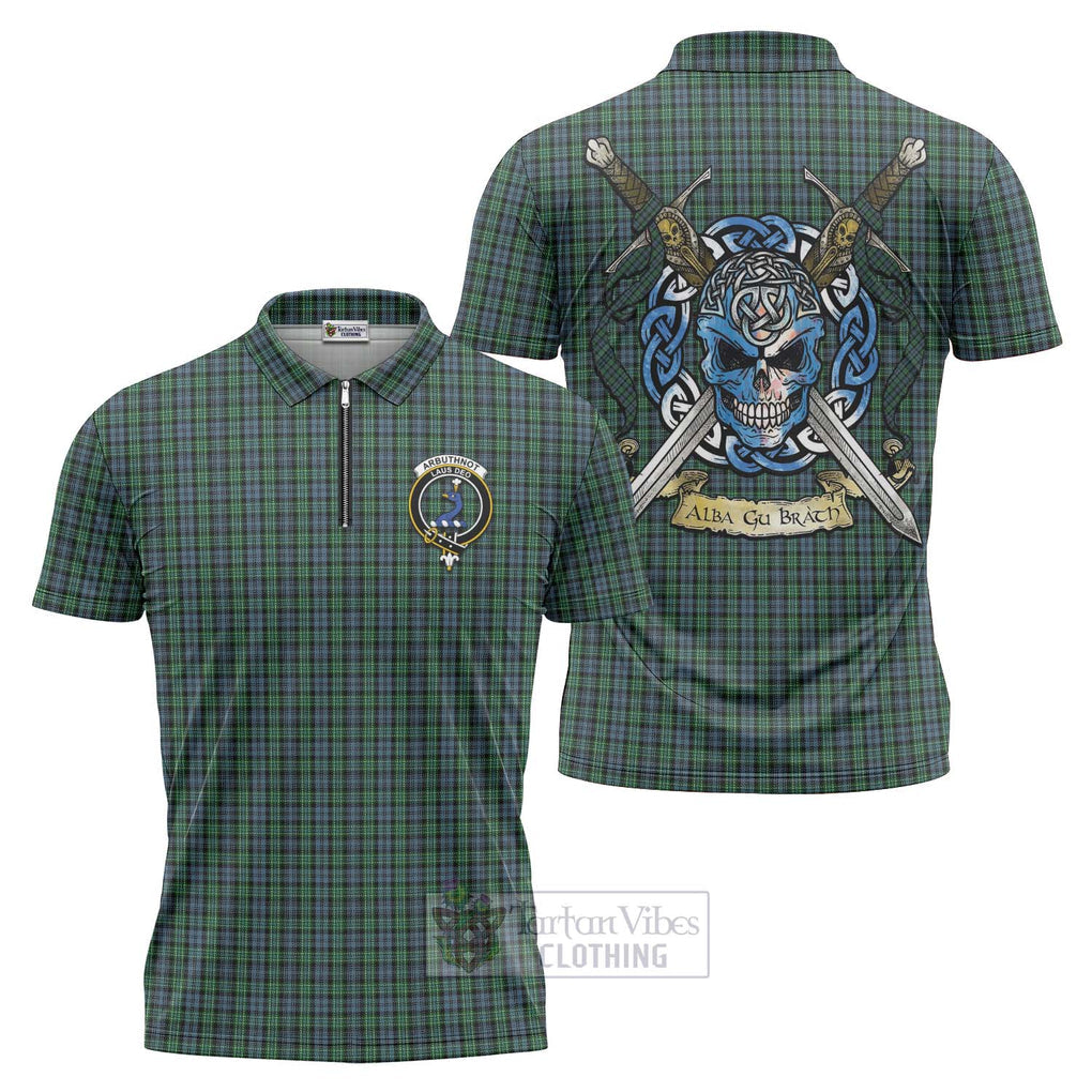 Tartan Vibes Clothing Arbuthnot Tartan Zipper Polo Shirt with Family Crest Celtic Skull Style