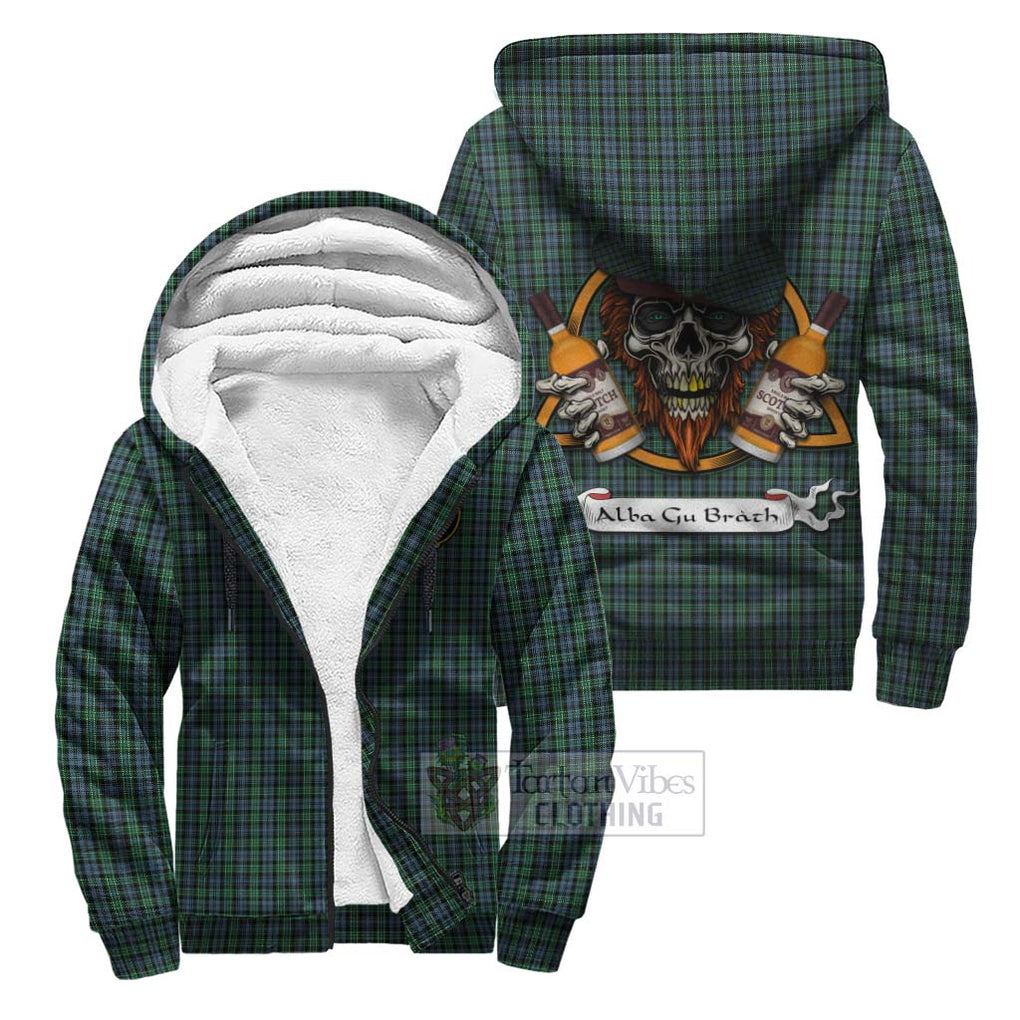 Tartan Vibes Clothing Arbuthnot Tartan Sherpa Hoodie with Family Crest and Bearded Skull Holding Bottles of Whiskey