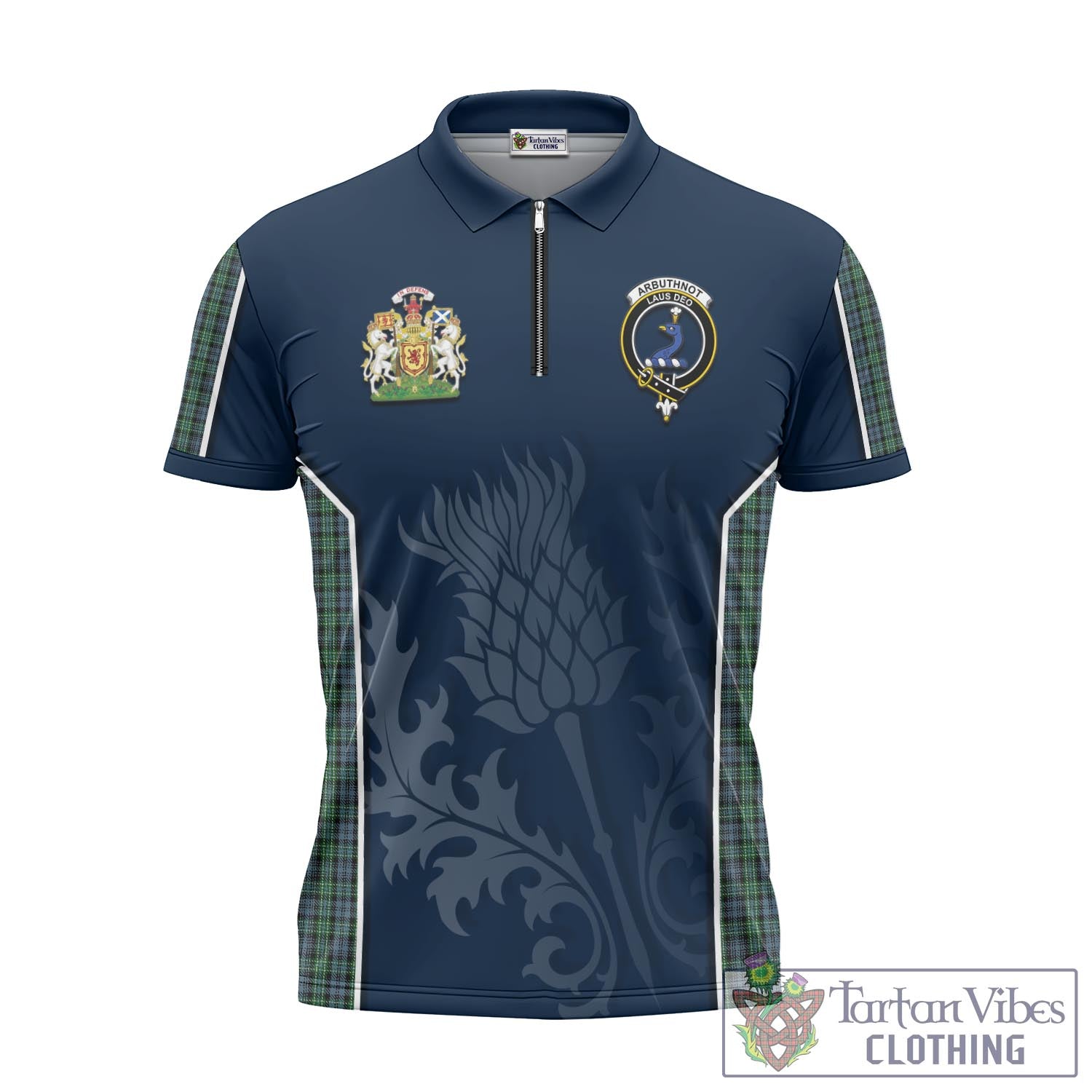 Tartan Vibes Clothing Arbuthnot Tartan Zipper Polo Shirt with Family Crest and Scottish Thistle Vibes Sport Style