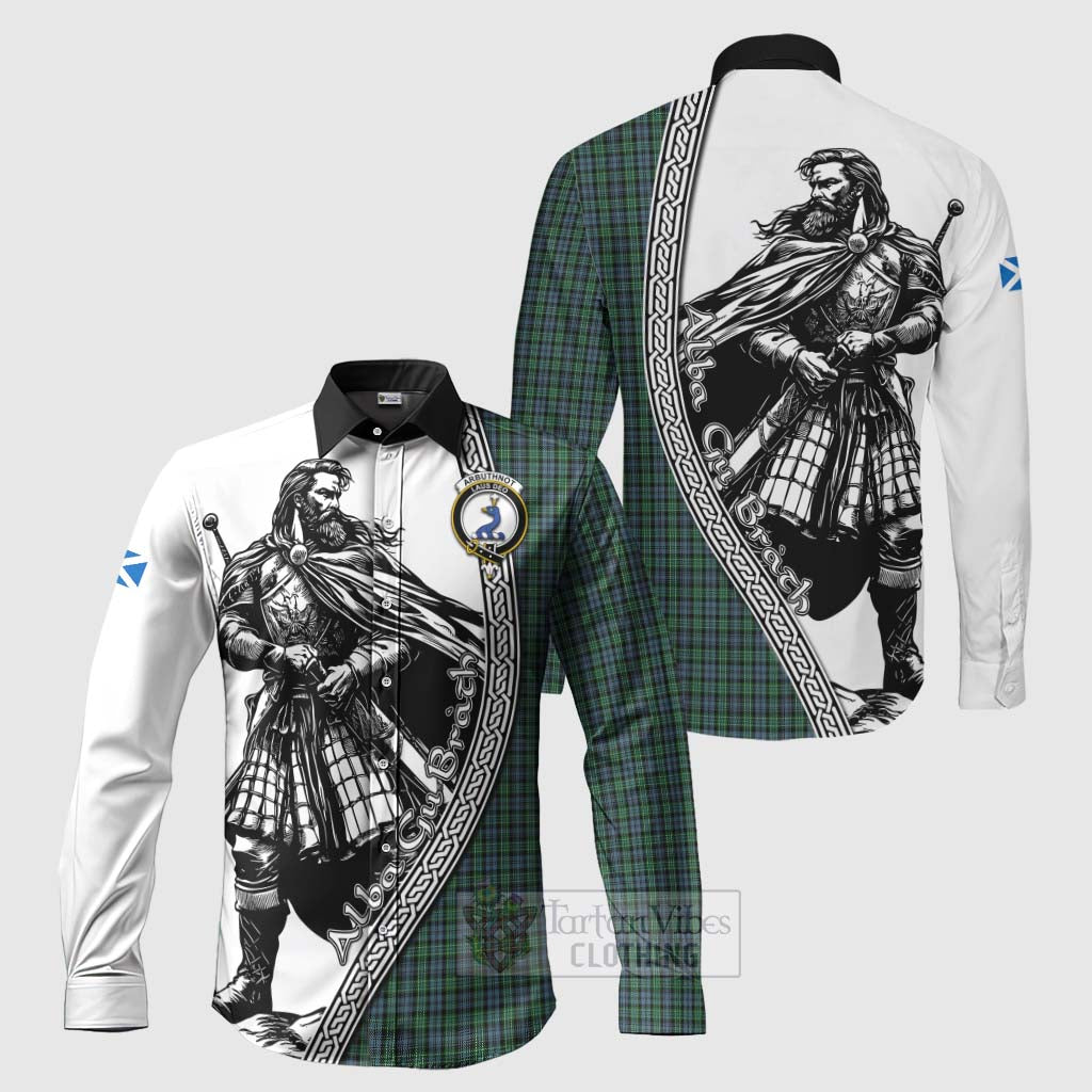 Tartan Vibes Clothing Arbuthnot Tartan Clan Crest Long Sleeve Button Shirt with Highlander Warrior Celtic Style