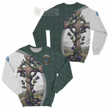 Arbuthnot Tartan Sweatshirt with Family Crest and St. Andrew's Cross Accented by Thistle Vines