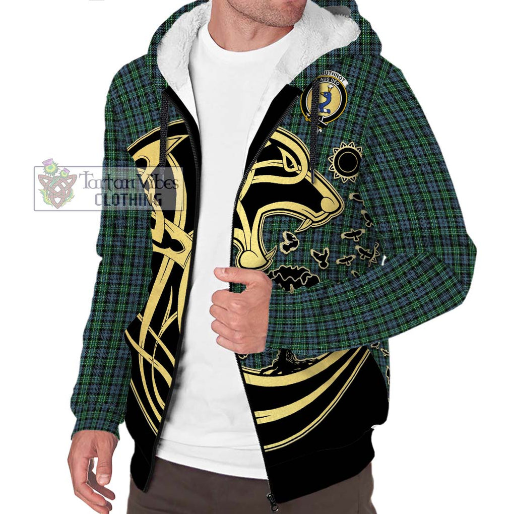 Arbuthnot Tartan Sherpa Hoodie with Family Crest Celtic Wolf Style Unisex S - Tartan Vibes Clothing