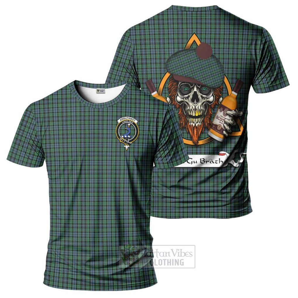 Tartan Vibes Clothing Arbuthnot Tartan T-Shirt with Family Crest and Bearded Skull Holding Bottles of Whiskey