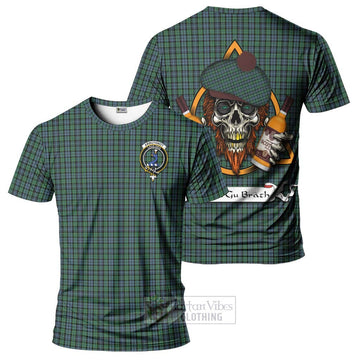 Arbuthnot Tartan T-Shirt with Family Crest and Bearded Skull Holding Bottles of Whiskey