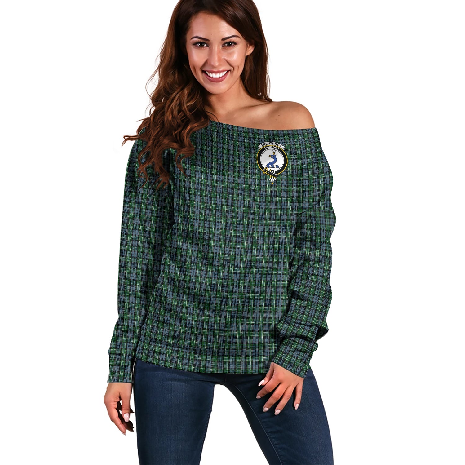 Arbuthnot Tartan Off Shoulder Women Sweater with Family Crest Women - Tartanvibesclothing