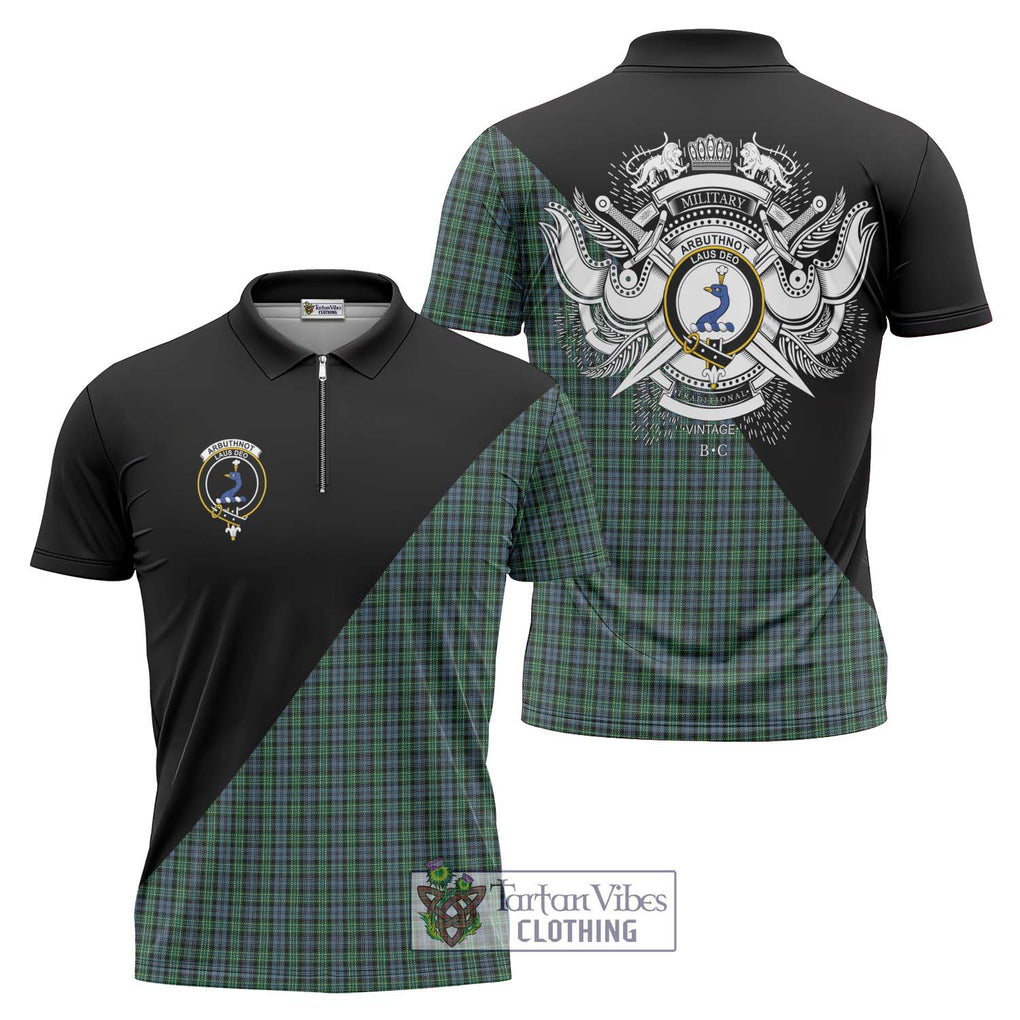 Arbuthnot Tartan Zipper Polo Shirt with Family Crest and Military Logo Style Unisex - Tartanvibesclothing Shop