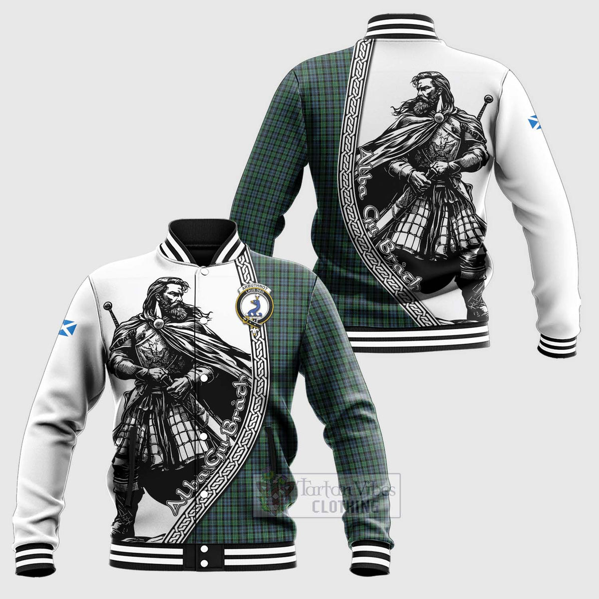 Arbuthnot Tartan Clan Crest Baseball Jacket with Highlander Warrior Celtic Style Unisex - Tartan Vibes Clothing