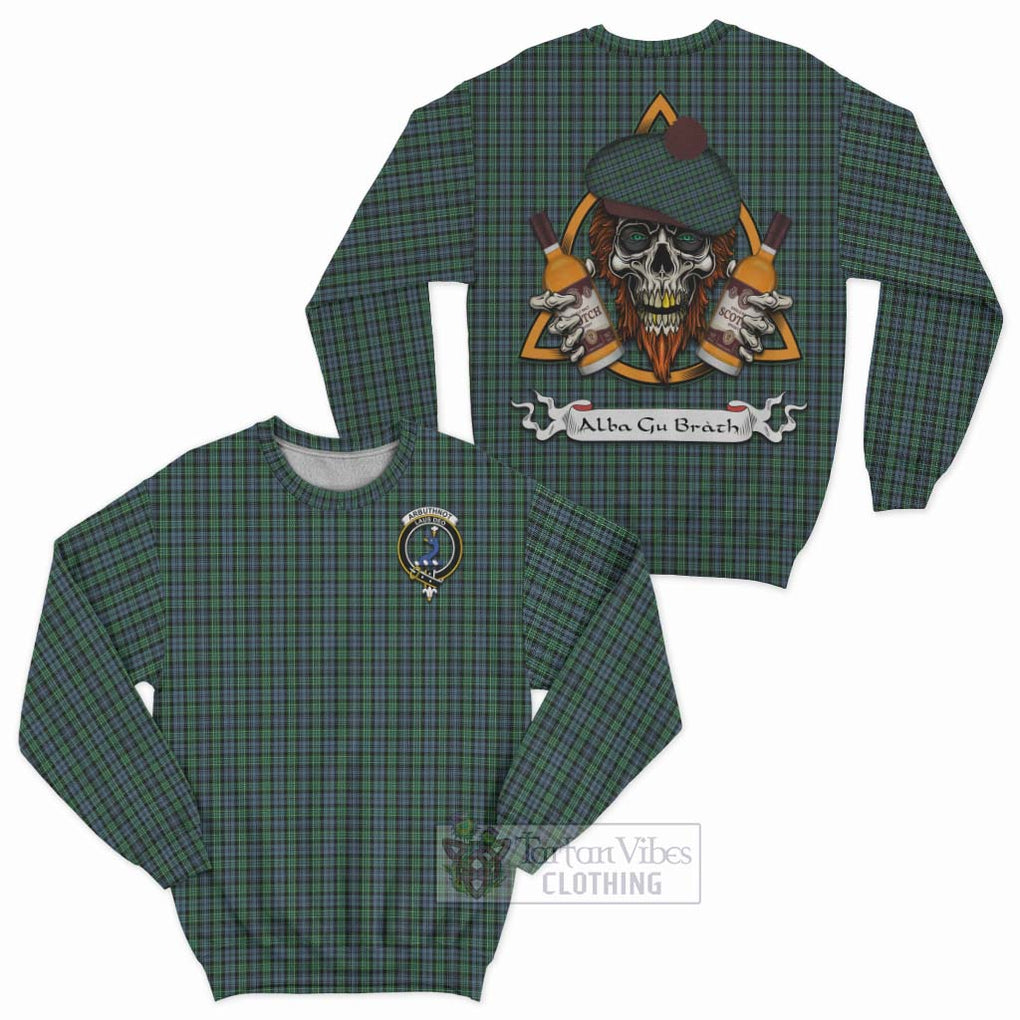 Tartan Vibes Clothing Arbuthnot Tartan Sweatshirt with Family Crest and Bearded Skull Holding Bottles of Whiskey