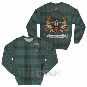 Arbuthnot Tartan Sweatshirt with Family Crest and Bearded Skull Holding Bottles of Whiskey