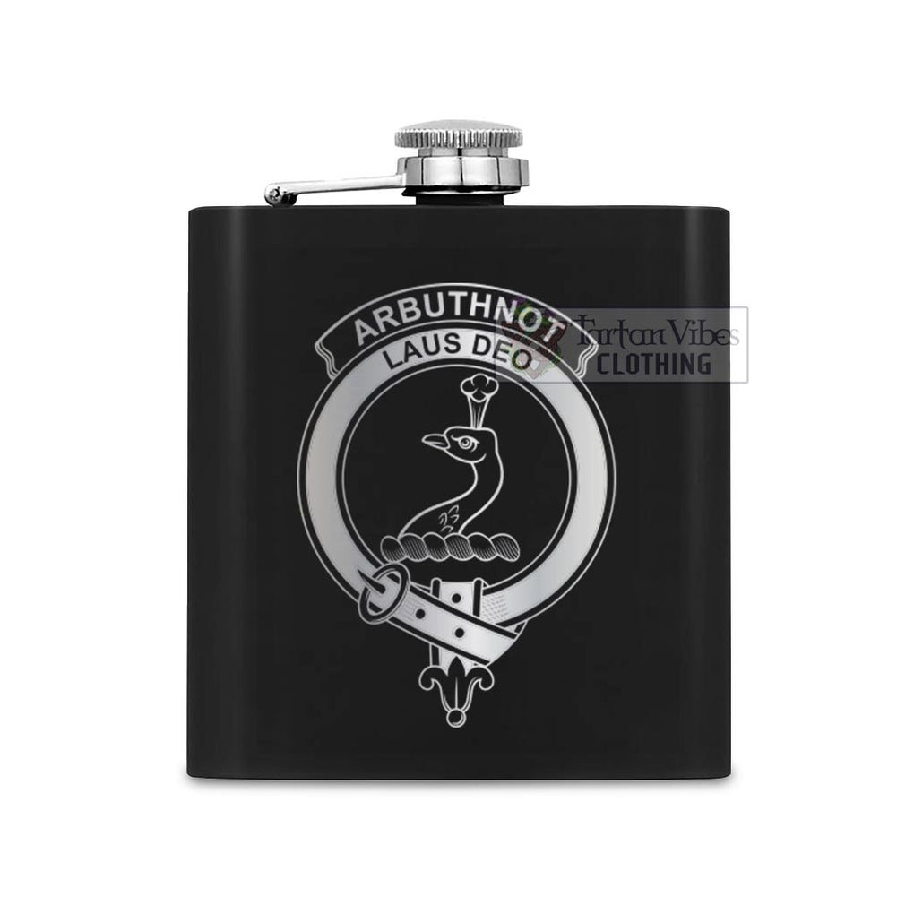 Tartan Vibes Clothing Arbuthnot Crest Hip Flask Set 7oz Black Stainless Steel with A Gift Box