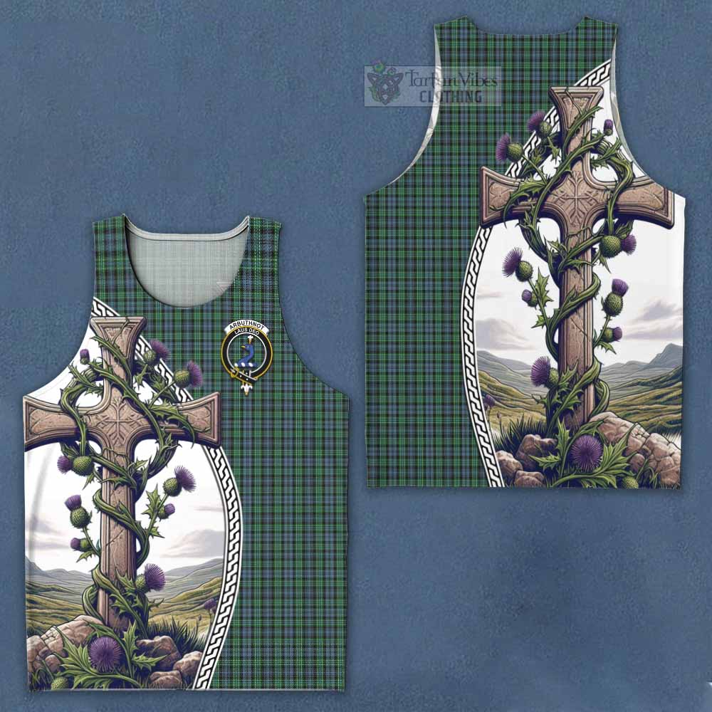 Tartan Vibes Clothing Arbuthnot Tartan Men's Tank Top with Family Crest and St. Andrew's Cross Accented by Thistle Vines