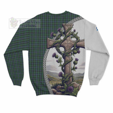 Arbuthnot Tartan Sweatshirt with Family Crest and St. Andrew's Cross Accented by Thistle Vines