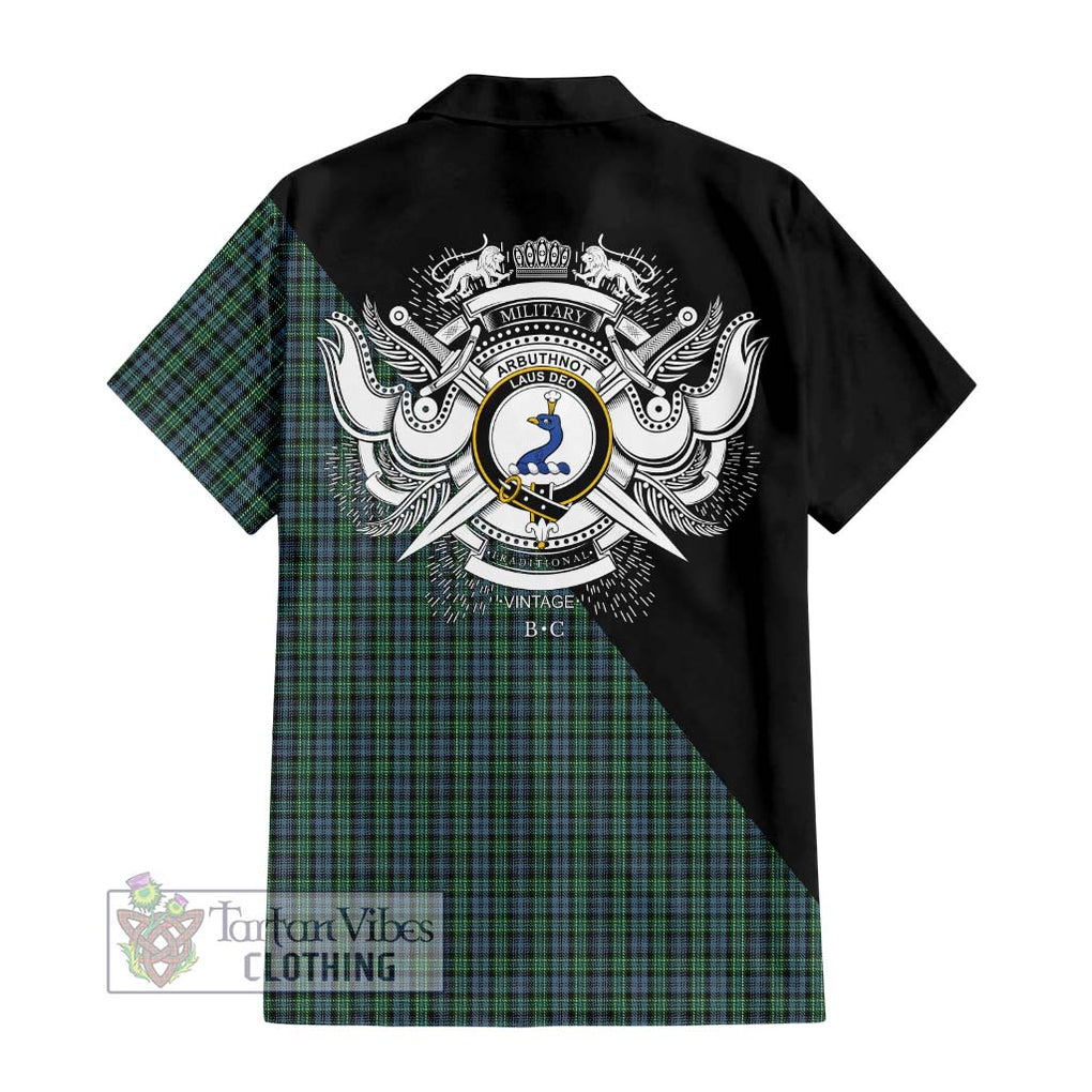 Arbuthnot Tartan Short Sleeve Button Shirt with Family Crest and Military Logo Style - Tartanvibesclothing Shop