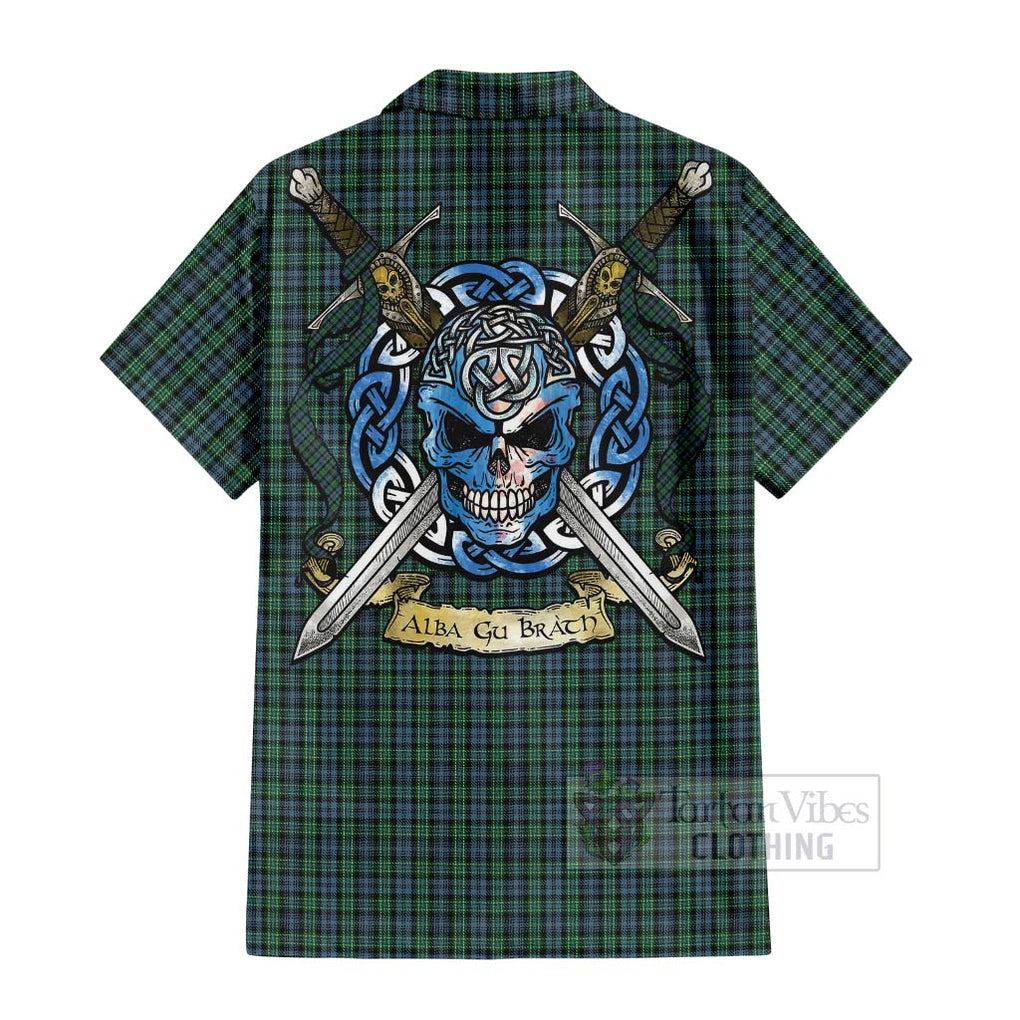 Tartan Vibes Clothing Arbuthnot Tartan Short Sleeve Button Shirt with Family Crest Celtic Skull Style