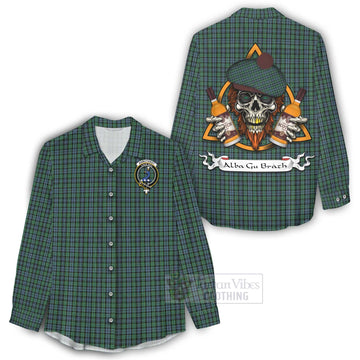 Arbuthnot Tartan Women's Casual Shirt with Family Crest and Bearded Skull Holding Bottles of Whiskey