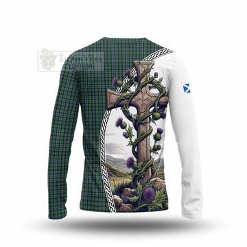 Arbuthnot Tartan Long Sleeve T-Shirt with Family Crest and St. Andrew's Cross Accented by Thistle Vines