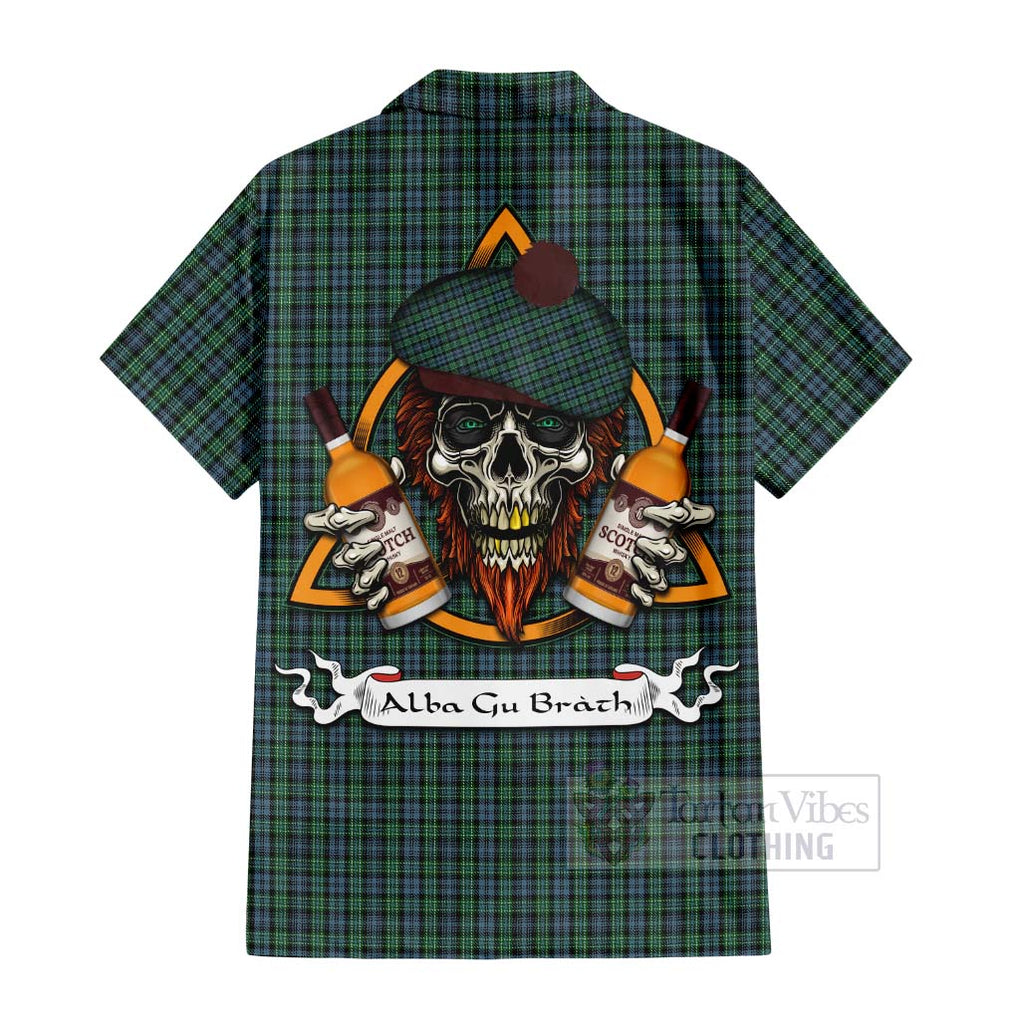 Tartan Vibes Clothing Arbuthnot Tartan Short Sleeve Button Shirt with Family Crest and Bearded Skull Holding Bottles of Whiskey