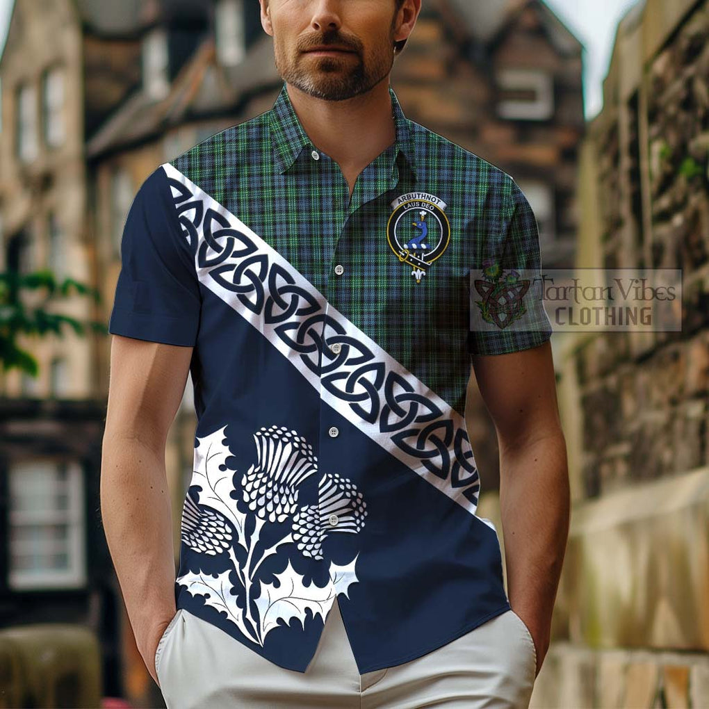 Tartan Vibes Clothing Arbuthnot Tartan Short Sleeve Button Shirt Featuring Thistle and Scotland Map