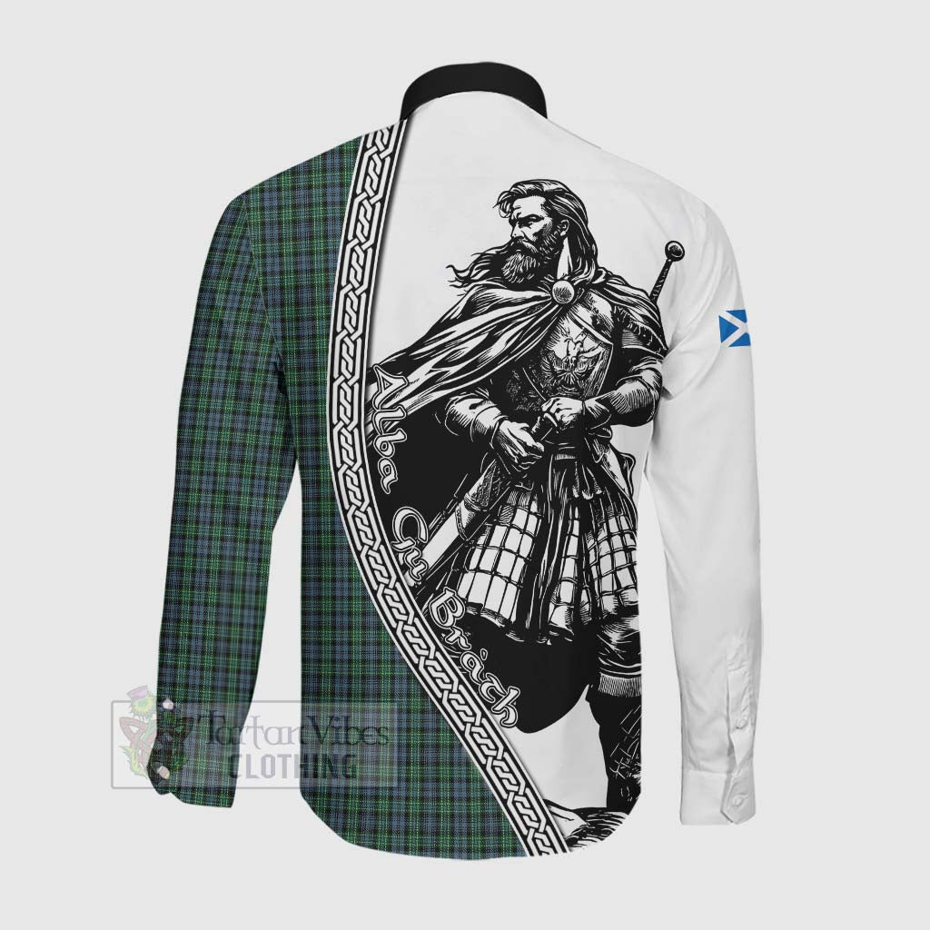 Tartan Vibes Clothing Arbuthnot Tartan Clan Crest Long Sleeve Button Shirt with Highlander Warrior Celtic Style