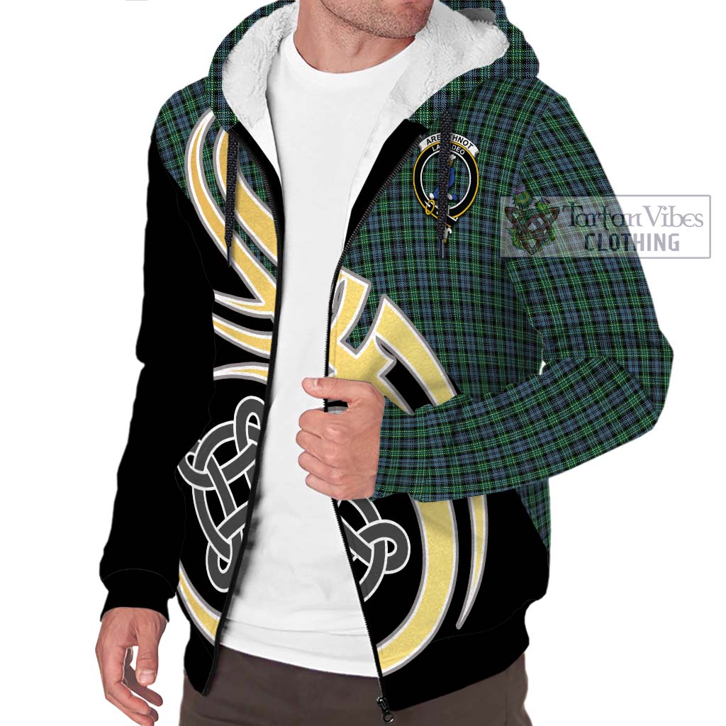 Arbuthnot Tartan Sherpa Hoodie with Family Crest and Celtic Symbol Style - Tartan Vibes Clothing