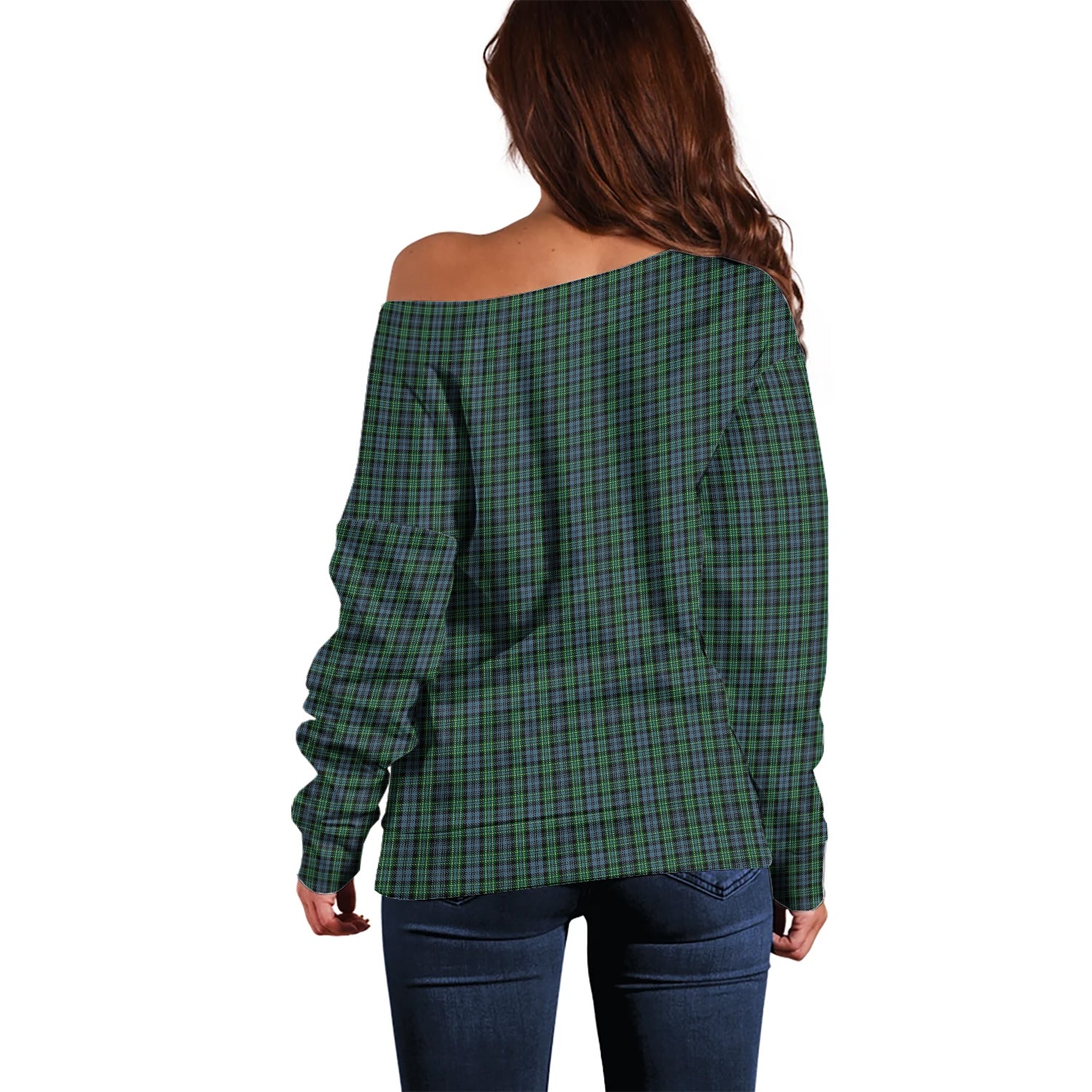 Arbuthnot Tartan Off Shoulder Women Sweater with Family Crest - Tartanvibesclothing