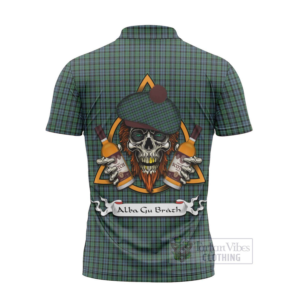 Tartan Vibes Clothing Arbuthnot Tartan Zipper Polo Shirt with Family Crest and Bearded Skull Holding Bottles of Whiskey