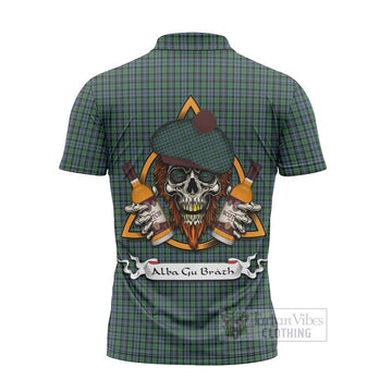 Arbuthnot Tartan Zipper Polo Shirt with Family Crest and Bearded Skull Holding Bottles of Whiskey