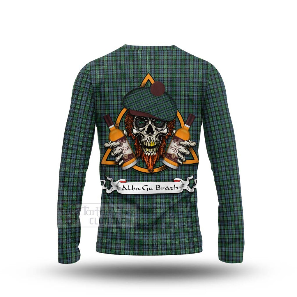 Tartan Vibes Clothing Arbuthnot Tartan Long Sleeve T-Shirt with Family Crest and Bearded Skull Holding Bottles of Whiskey