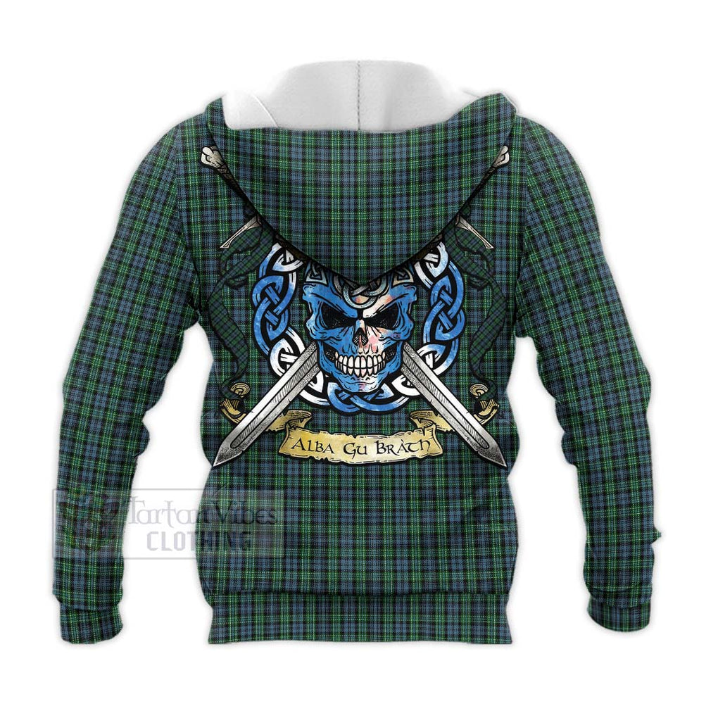 Tartan Vibes Clothing Arbuthnot Tartan Knitted Hoodie with Family Crest Celtic Skull Style