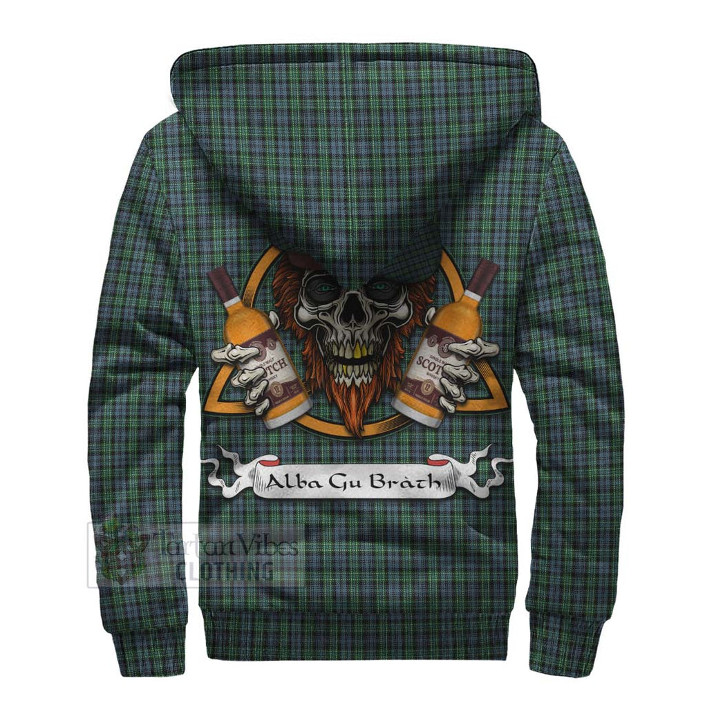 Tartan Vibes Clothing Arbuthnot Tartan Sherpa Hoodie with Family Crest and Bearded Skull Holding Bottles of Whiskey