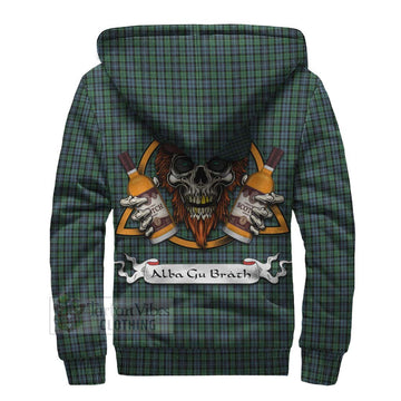 Arbuthnot Tartan Sherpa Hoodie with Family Crest and Bearded Skull Holding Bottles of Whiskey