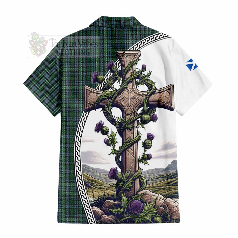 Tartan Vibes Clothing Arbuthnot Tartan Short Sleeve Button Shirt with Family Crest and St. Andrew's Cross Accented by Thistle Vines