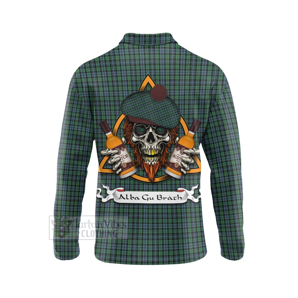 Tartan Vibes Clothing Arbuthnot Tartan Long Sleeve Polo Shirt with Family Crest and Bearded Skull Holding Bottles of Whiskey