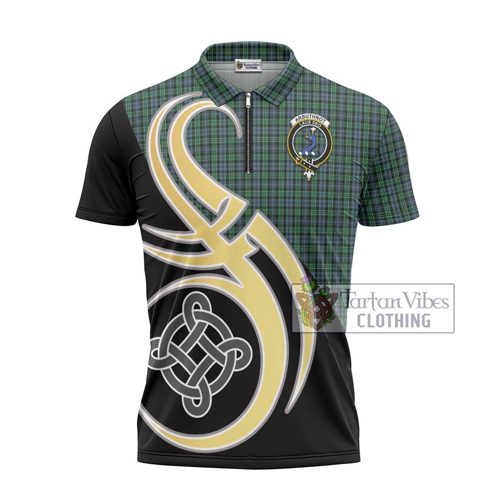 Tartan Vibes Clothing Arbuthnot Tartan Zipper Polo Shirt with Family Crest and Celtic Symbol Style